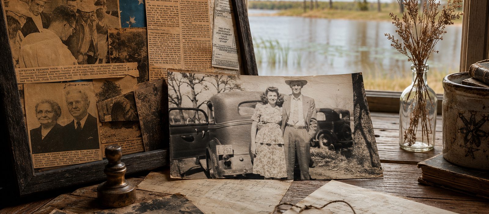 Framed newspaper clippings, a golden-anniversary photograph, handwritten family letters, and an old portrait of a Texas couple beside their car, arranged near a window overlooking a lake.