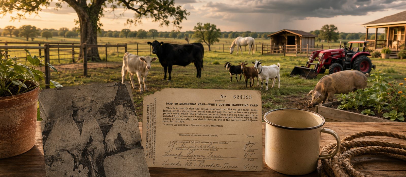 A Texas farmstead at golden hour with cattle, goats, a horse, and a tractor behind a table holding a vintage 1939 cotton marketing card, an old farm newspaper clipping, and an enamel cup.
