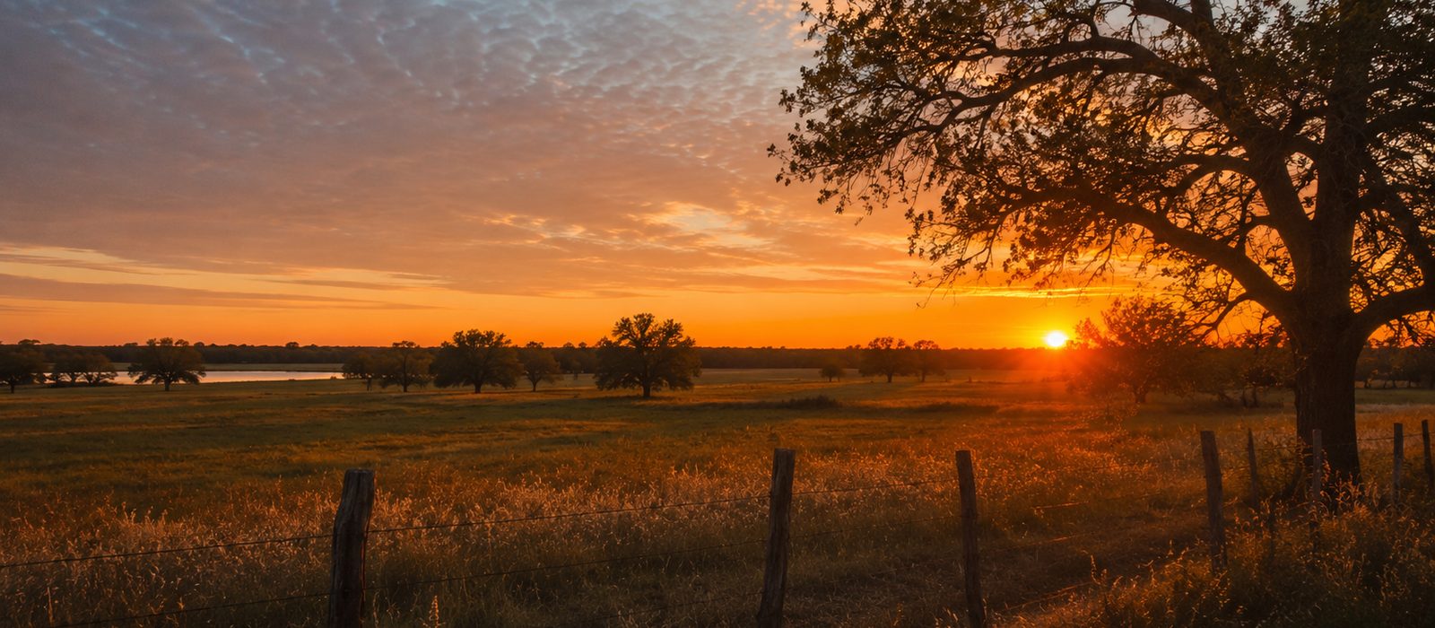 Sun setting behind a wire fence line on Texas pasture, with golden grass, scattered oaks, and a stock pond in the distance.
