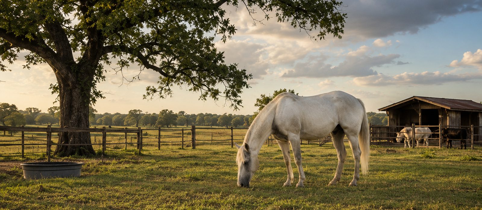A white horse grazing beneath a large oak beside a water trough, with a weathered barn and board fences on Texas rangeland.