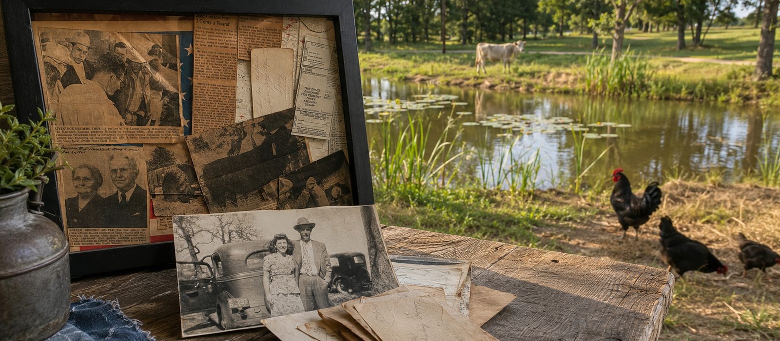 A weathered farm table holding framed family clippings, an old photograph, and a bundle of handwritten letters, with chickens and a stock pond in the background on Texas land.