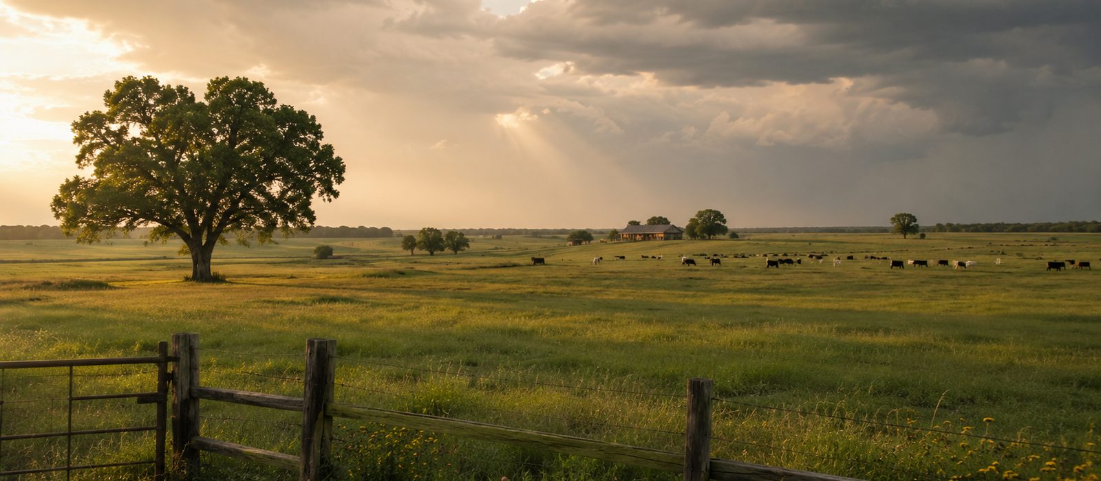 Cattle grazing on green Texas pasture beyond a weathered wooden fence and gate, beneath storm light breaking through clouds.