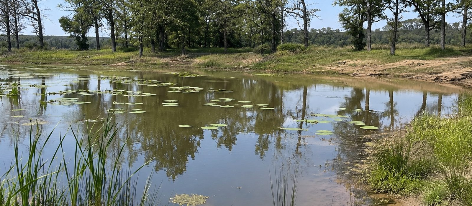 A spring-fed Texas stock pond with lily pads and grassy banks under a clear blue sky.