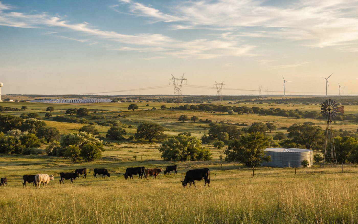 Texas ranchland at golden hour with cattle grazing, a windmill and water tank, and transmission towers, a solar array and wind turbines on the horizon