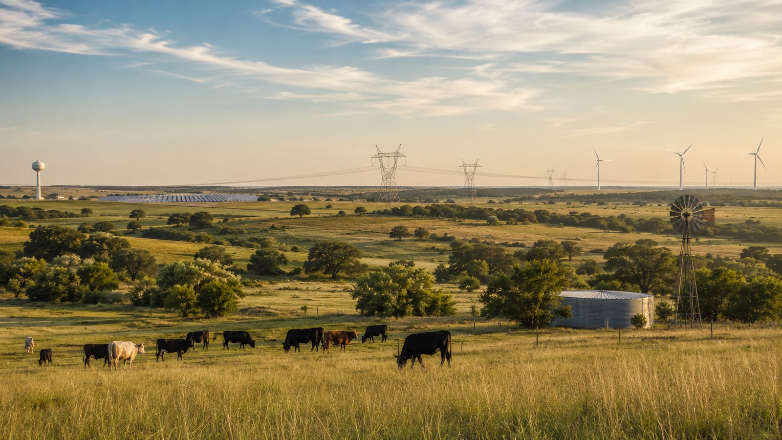 Texas pasture and ranch fencing in the foreground with farm buildings, transmission towers, and large industrial development visible in the middle distance under natural daylight.