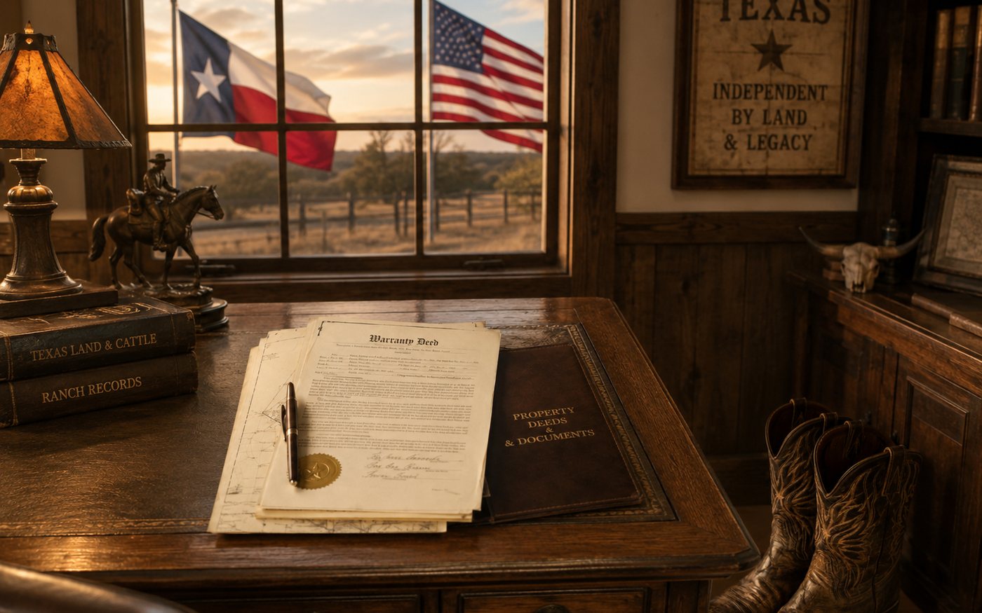 A warranty deed and property documents on a ranch office desk beside books titled Texas Land & Cattle and Ranch Records, with Texas and American flags outside the window and a framed sign reading Texas, independent by land and legacy