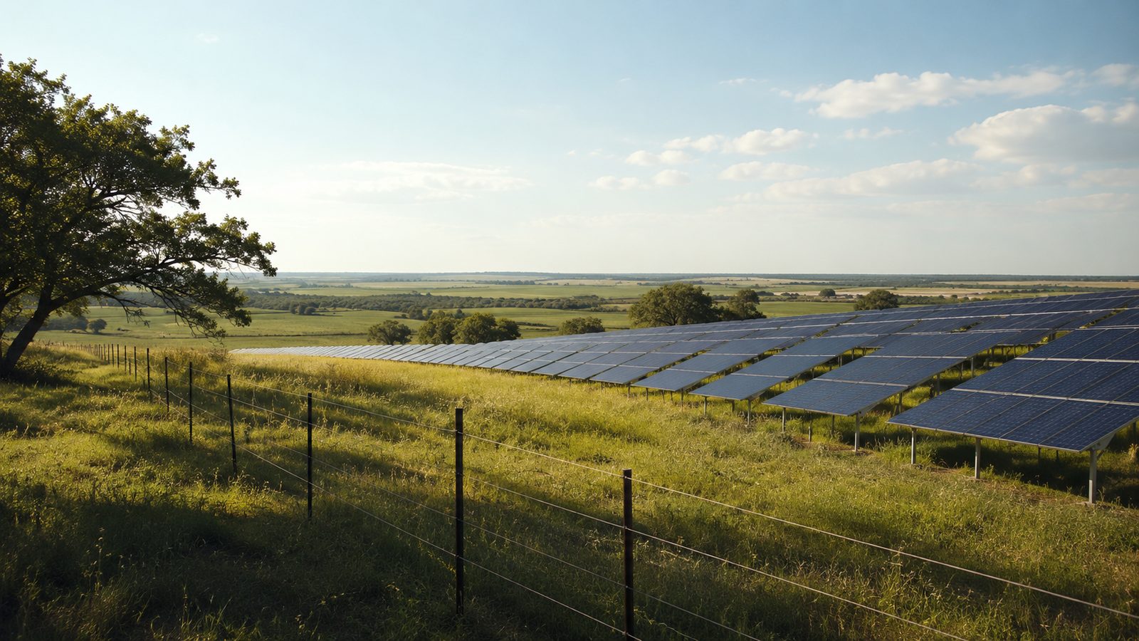 A solar panel array on a green Texas hillside behind a wire ranch fence, with open pasture and scattered live oaks stretching to the horizon.