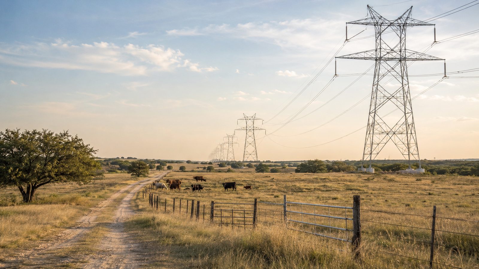 High-voltage transmission towers marching across a Texas cattle pasture at dusk, with a dirt ranch road, a wire fence, and grazing cattle in the foreground.
