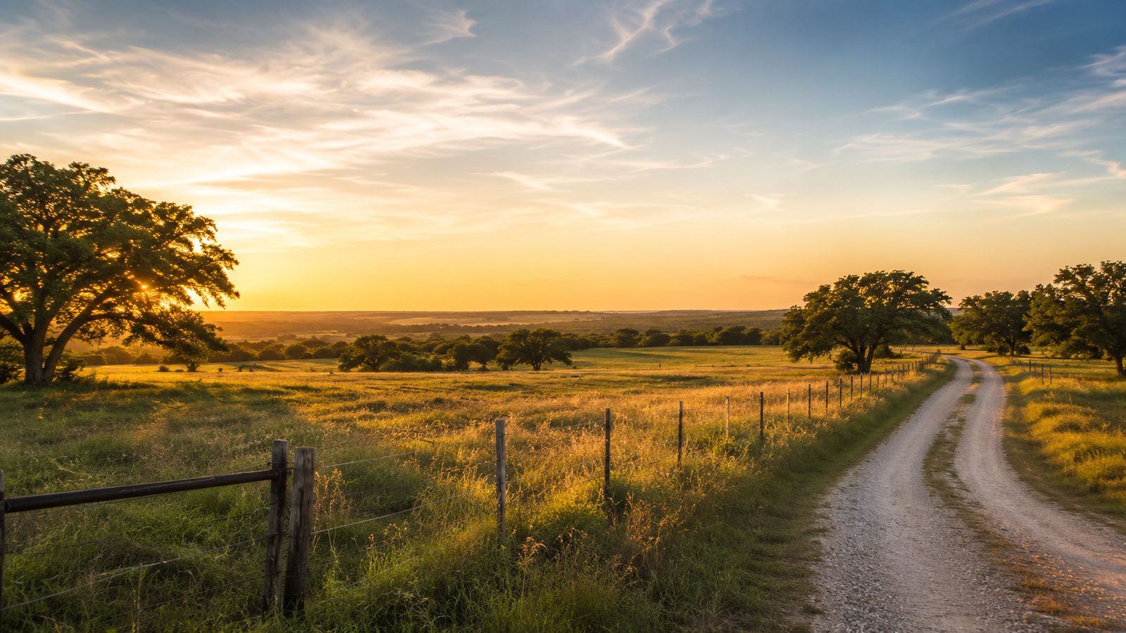 A gravel ranch road winding through golden Texas Hill Country pasture at sunset, lined by wire fencing and live oak trees.