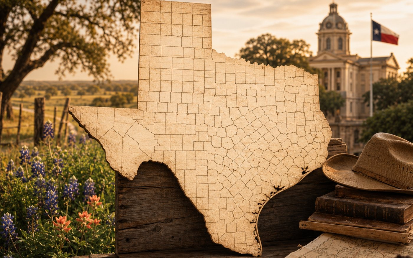 A wooden cutout map of Texas showing all county lines, propped on a fence rail with bluebonnets, a county courthouse and a Texas flag behind it