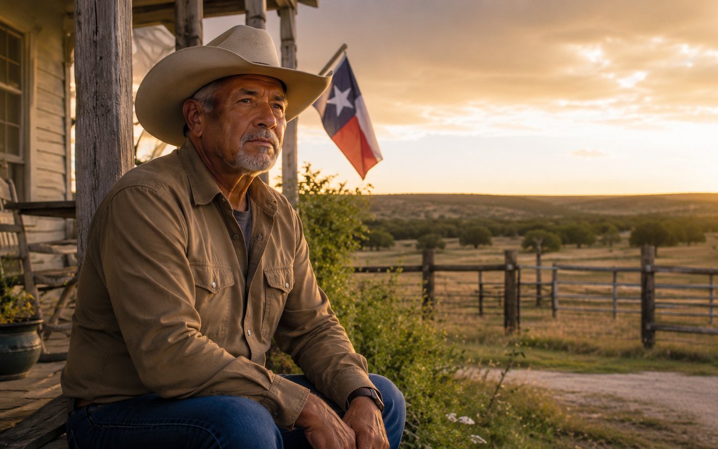 An older Texas landowner in a cowboy hat sitting on a farmhouse porch at sunset, with a Texas flag and fenced ranchland behind him