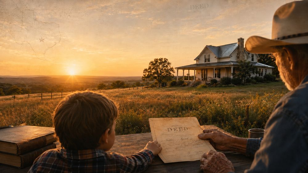 A Texas homestead at sunrise with a surveyor's instrument at the fence line, a winding creek, and a solar array and town on the horizon, with a faint state outline and deed document overlaid across the sky