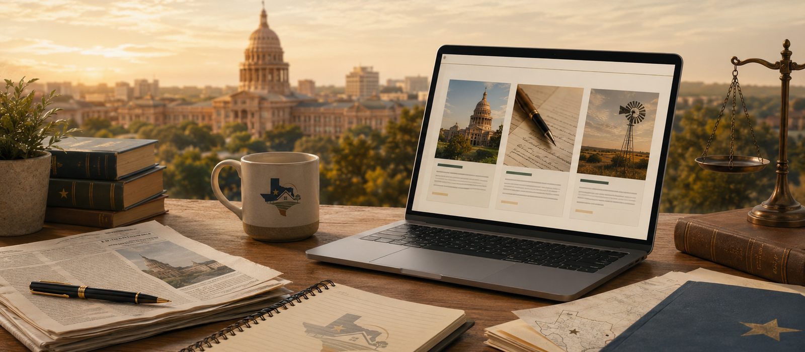 A laptop, notebooks, newspaper, and legal reference books on a wooden desk overlooking the Texas Capitol dome in Austin at golden hour.