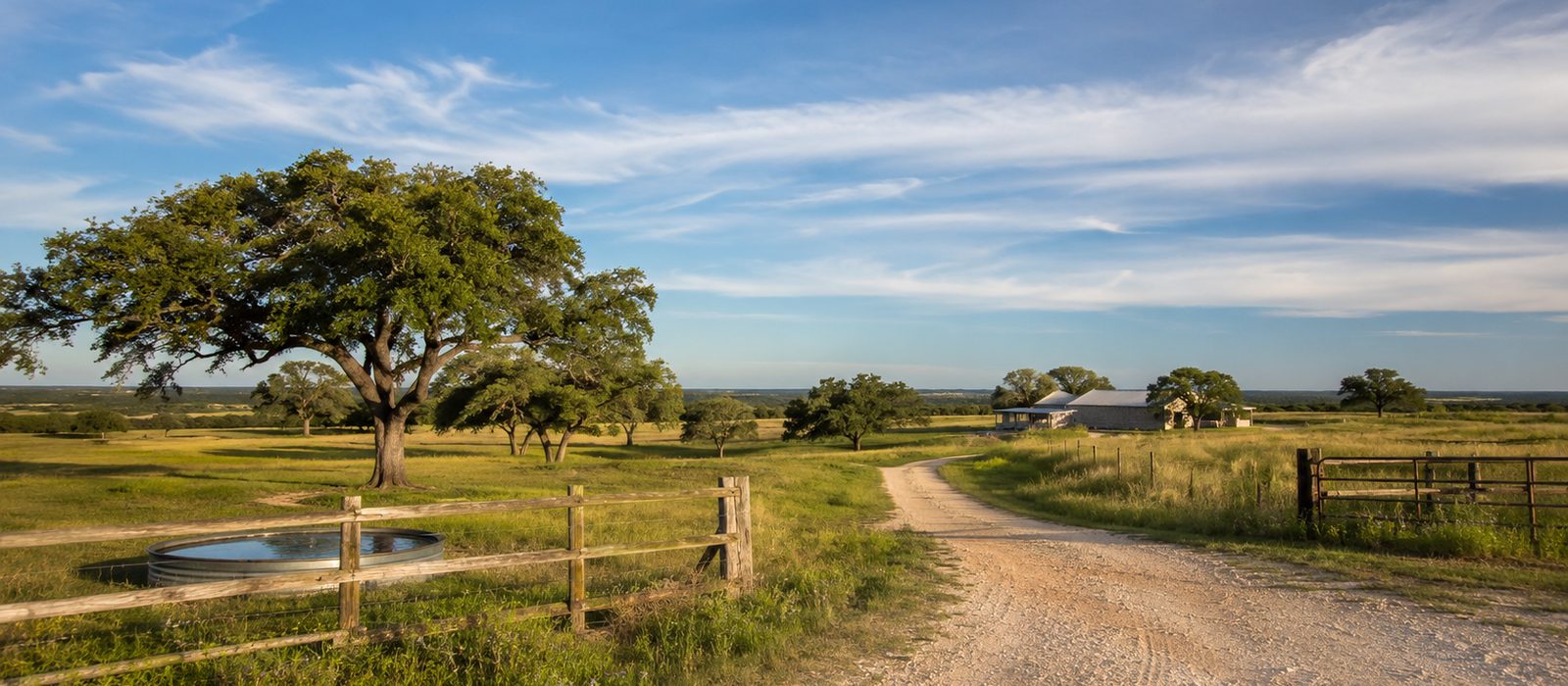 A wooden ranch fence, metal gate, and round stock tank beside a gravel road under live oaks in rural Texas.