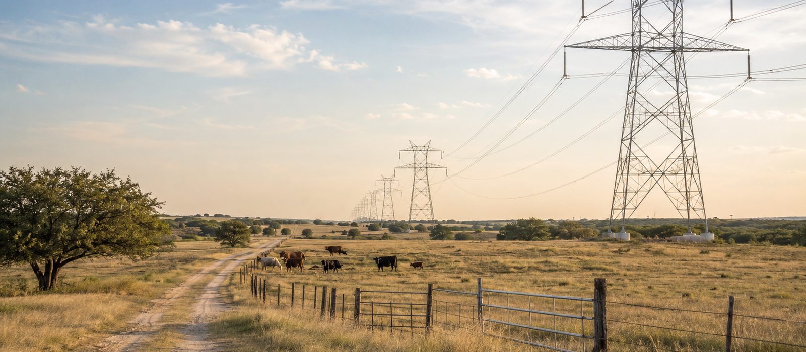 Cattle grazing on working Texas pasture along a ranch road and wire fencing, with high-voltage transmission towers crossing the rangeland beneath a wide sky.