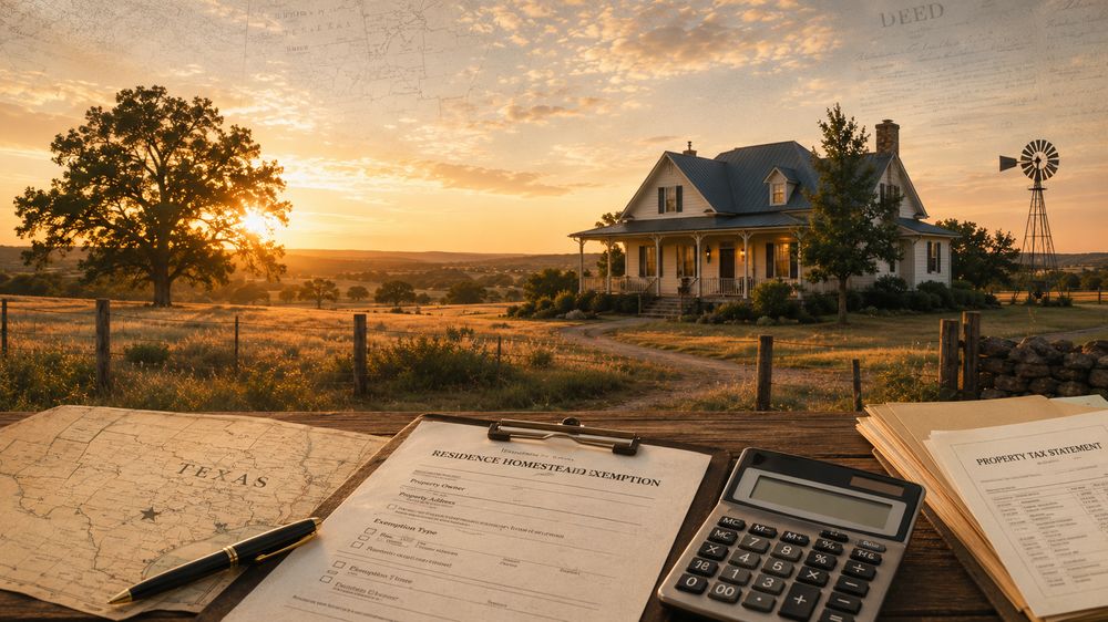 A Texas land-law research desk: Texas Property Code and land-title books, a General Land Office land patent, old county maps, and a window overlooking ranchland at sunset