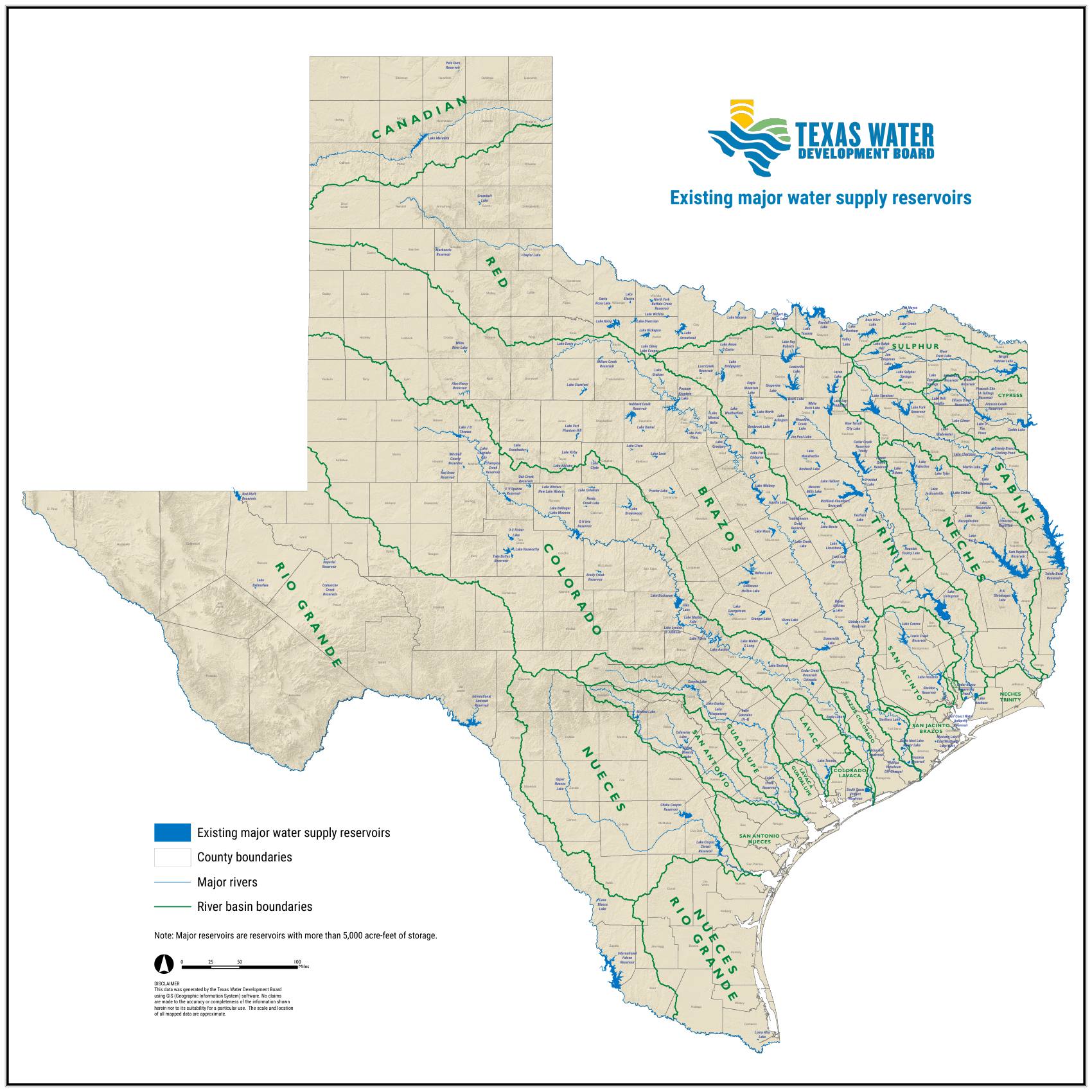 Texas Water Development Board map of existing major water supply reservoirs — reservoirs with more than 5,000 acre-feet of storage shown in blue across Texas, with county boundaries, major rivers, and river-basin boundaries. Full legend, scale, and TWDB disclaimer appear on the map.