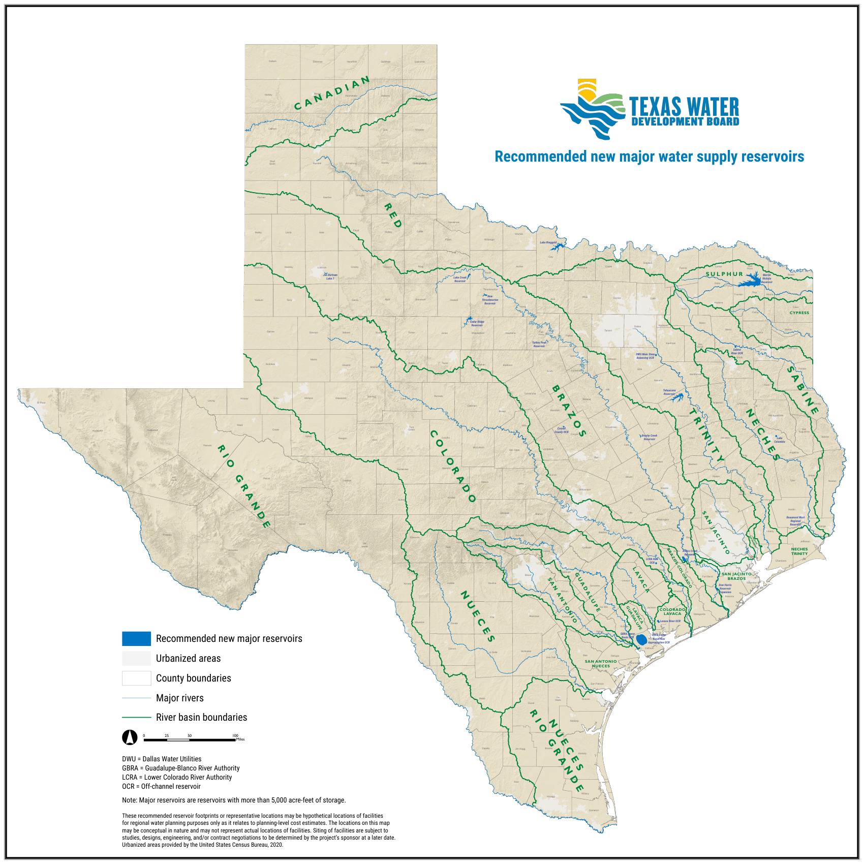 Texas Water Development Board planning map of recommended new major water supply reservoirs — recommended reservoir locations shown across Texas with urbanized areas, county boundaries, major rivers, and river-basin boundaries. The map's own note states locations may be hypothetical or conceptual. Full legend, scale, and TWDB disclaimer appear on the map.